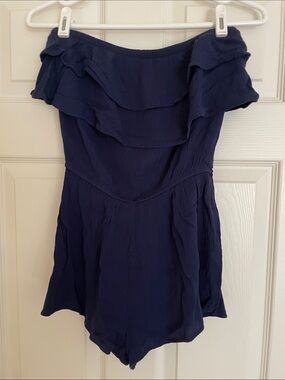 💙 Ruffled Crepe One Piece Tube Top Romper Navy | S